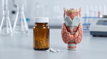 Un frasco de vidrio oscuro con pastillas, varios comprimidos sueltos y una maqueta anatómica de la tiroides sobre una mesa de laboratorio.